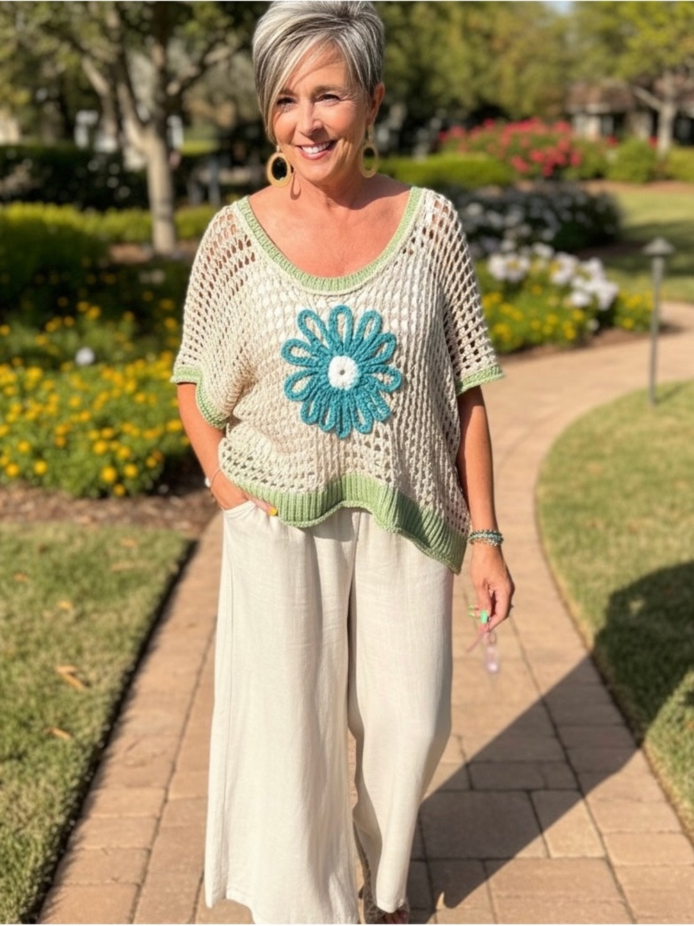 POL NWT Crochet Open-Knit Cream Top with Teal Flower and Light Green Trim